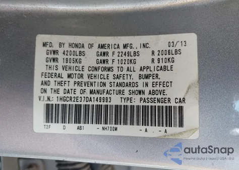 2013 Honda Accord Lx из США, поврежденный, VIN 1HGCR2E37DA149993